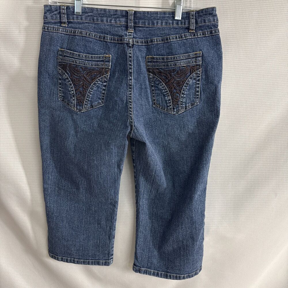 Westport Women's Stretch Denim Capri Jeans - Brown Embroidery Pockets - 14